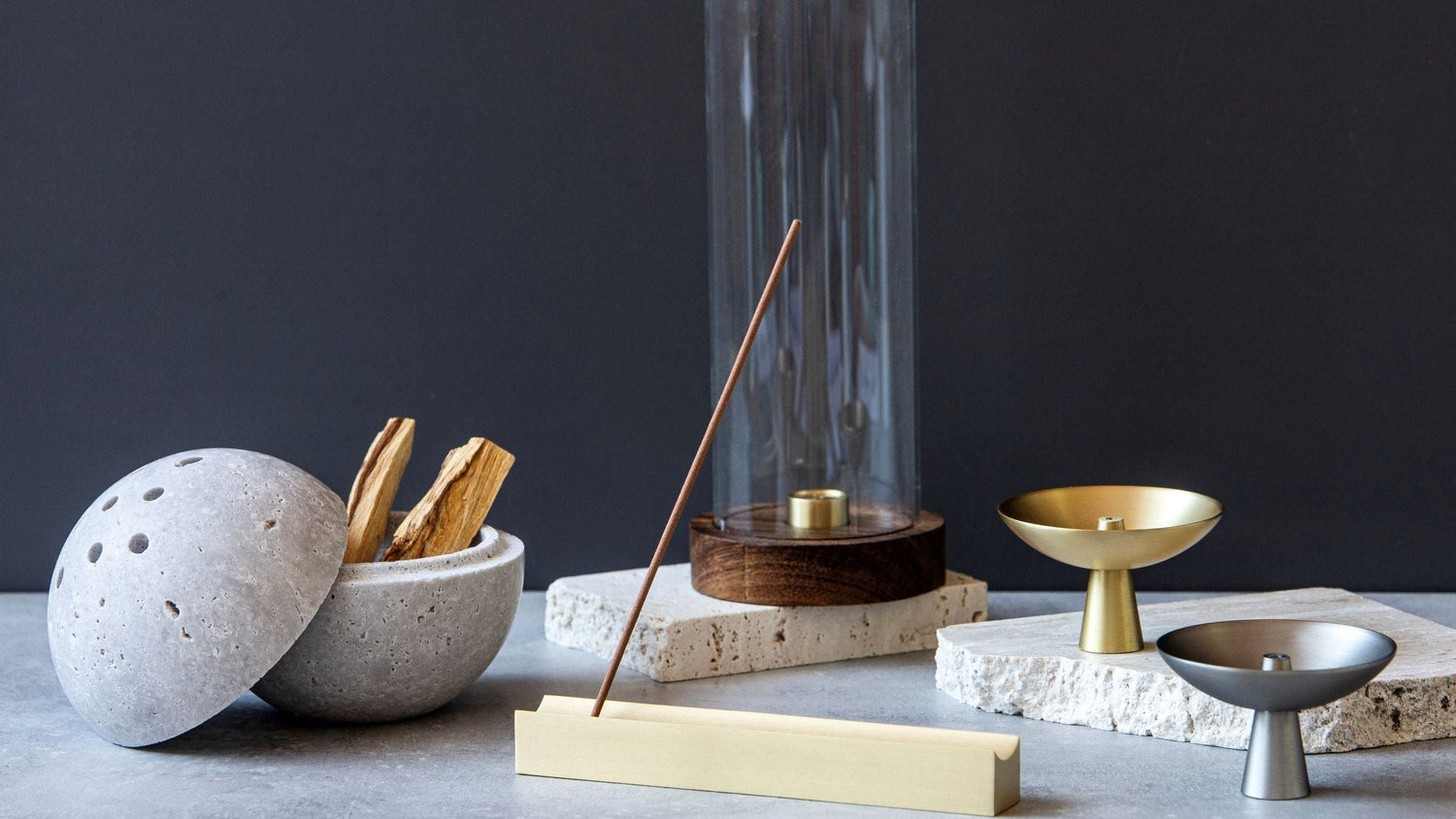 Incense holders in metal and stone