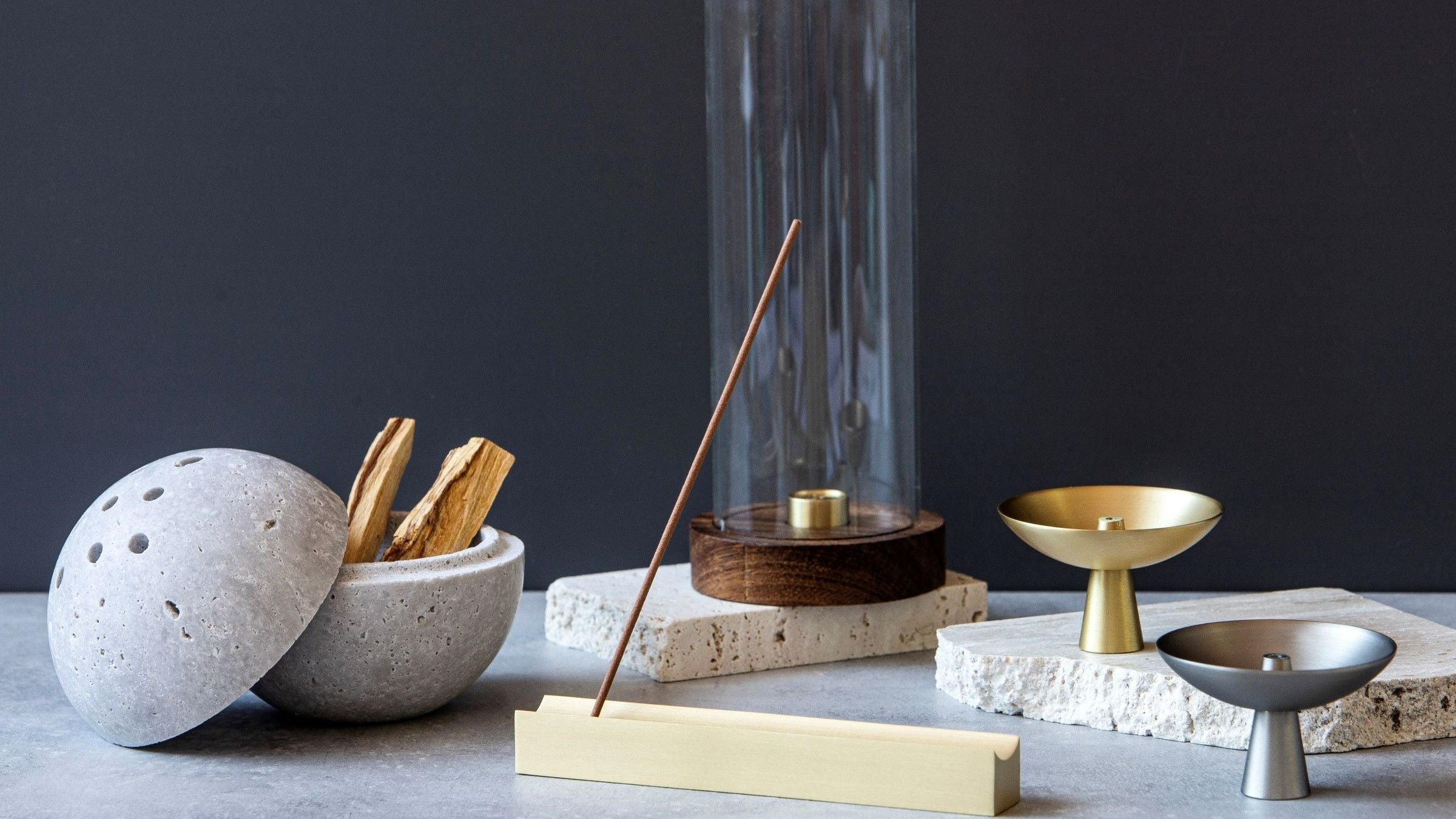 Incense holders in metal and stone
