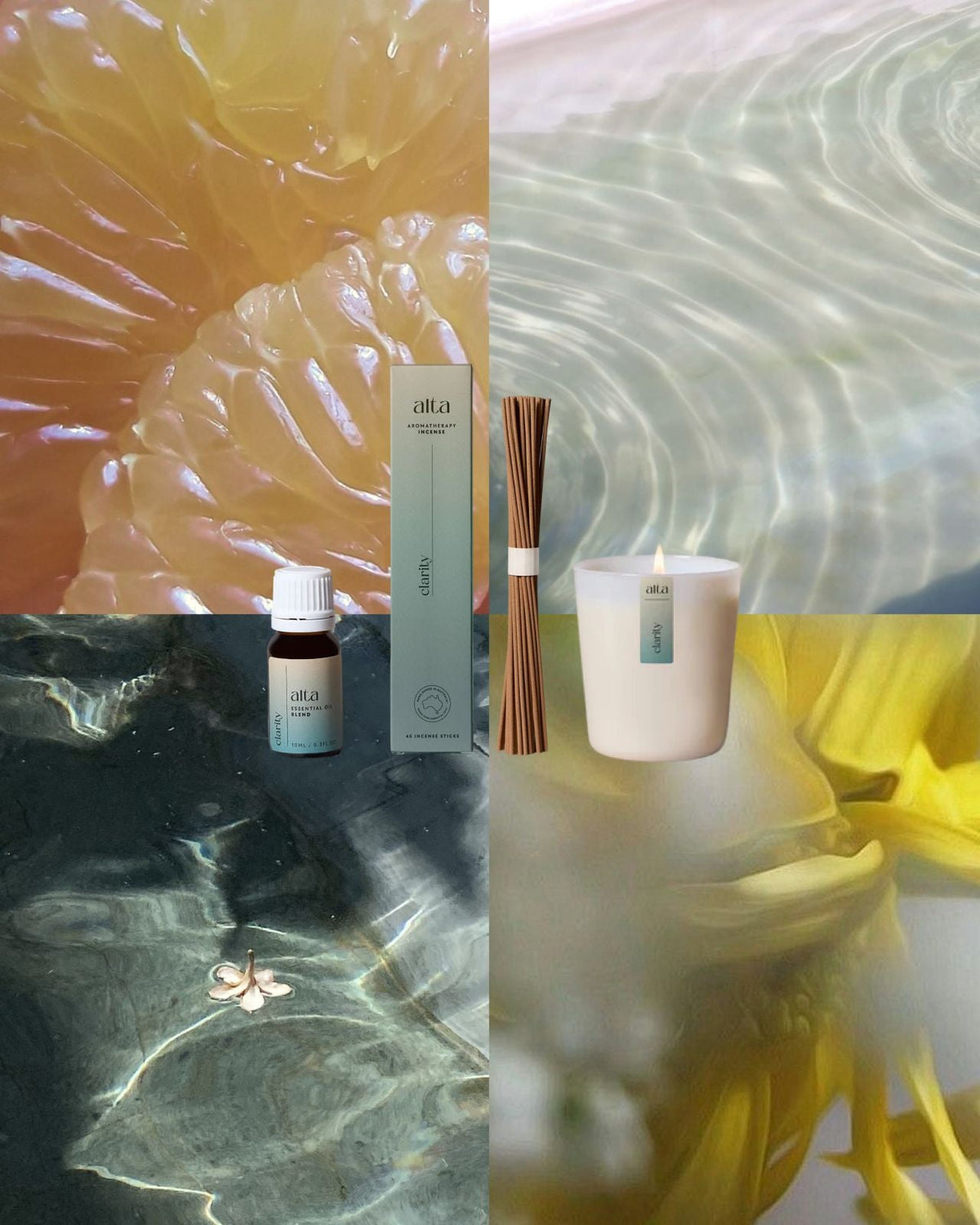 Clarity oil, incense and candle with a background of four fresh images