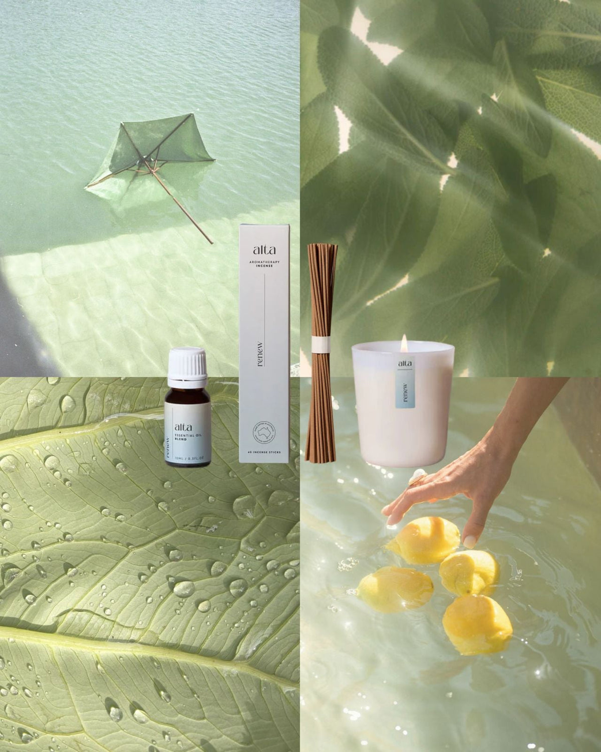 Alta renew essential oil blend, incense, and candle on a background of fresh images