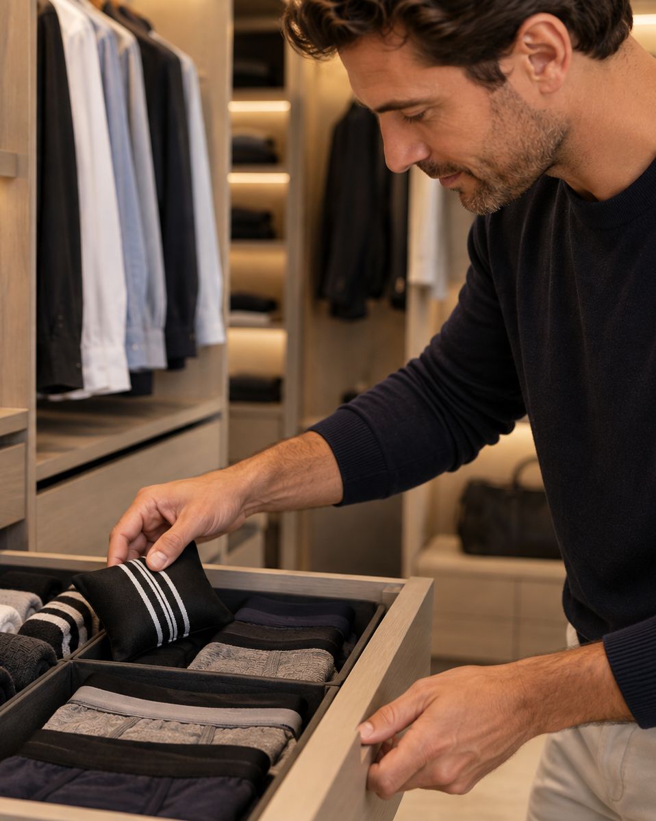A man in a navy long-sleeve shirt opens a drawer in a modern walk-in closet, organizing folded dress socks. he is placing a scented drawer sachet inside.