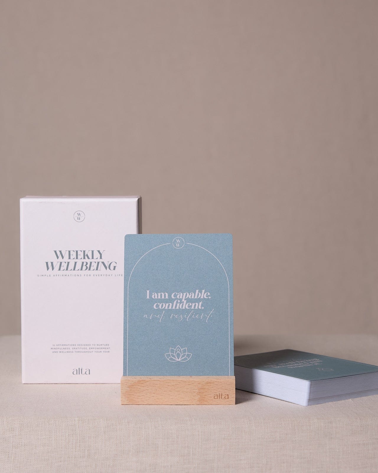 Weekly Wellbeing Deck - 52 Affirmation Cards + Timber Holder - Altasphere